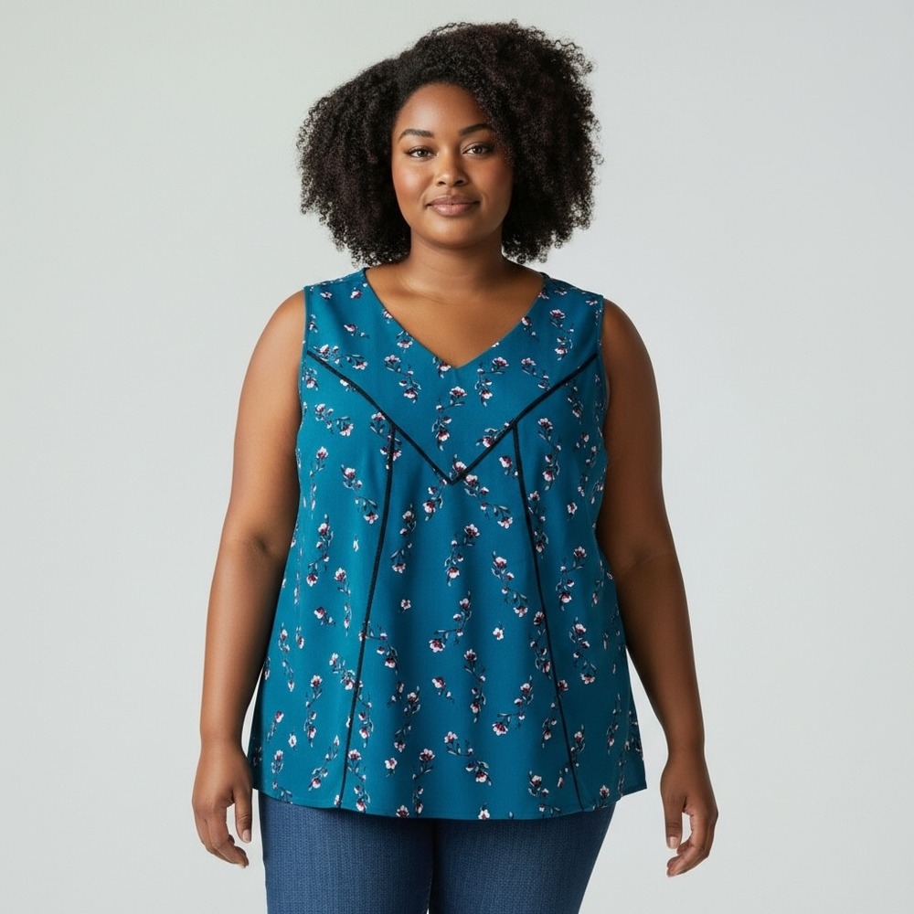 Lane Bryant Teal Floral V-Neck Sleeveless Blouse with Contrast Piping Size 26